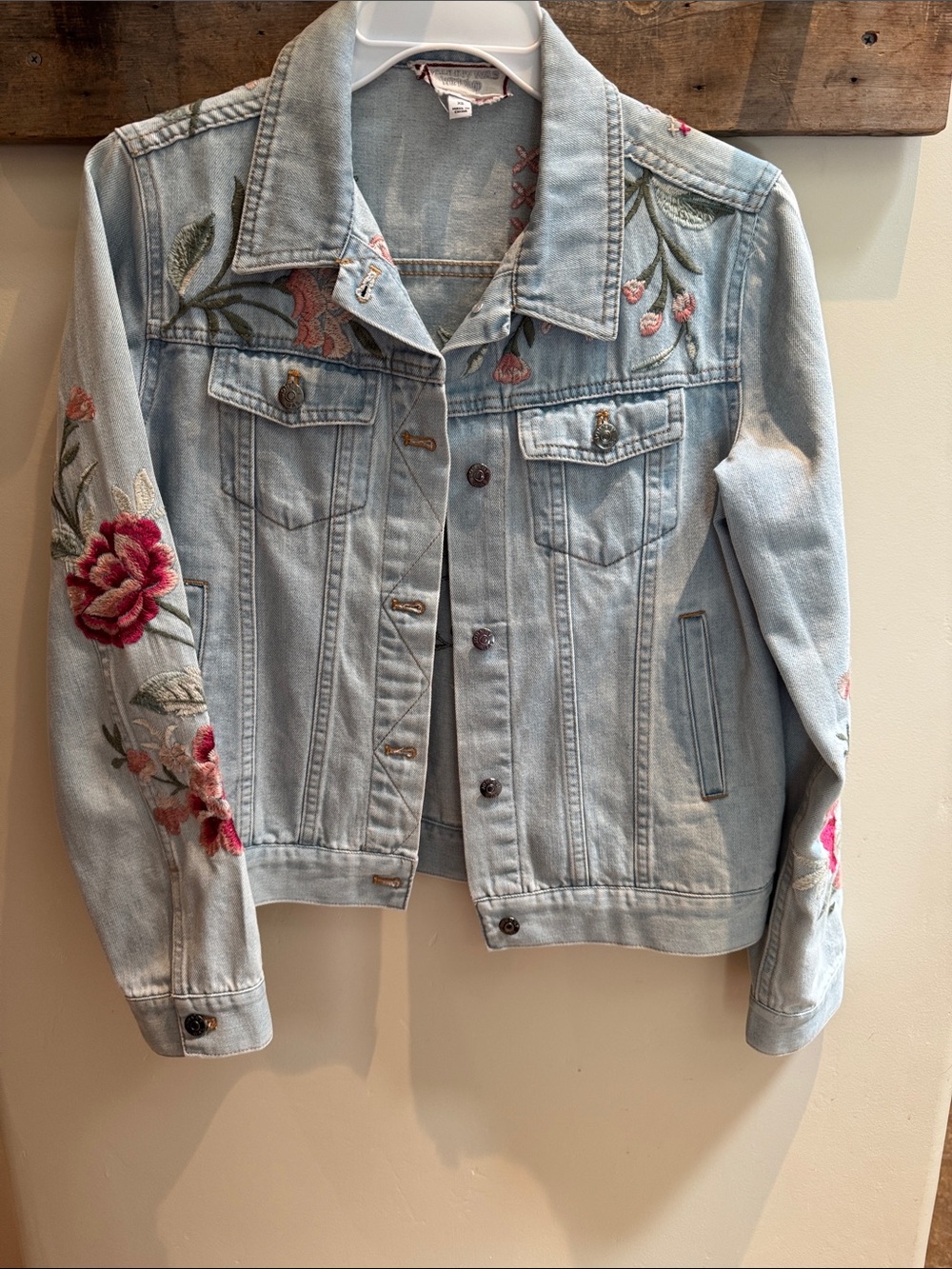 Johnny Was Light Wash Denim Jacket with Pink & Green Floral Embroidery